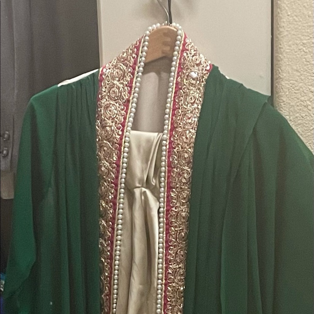 Formal wear green gold Kura pants and dupatta